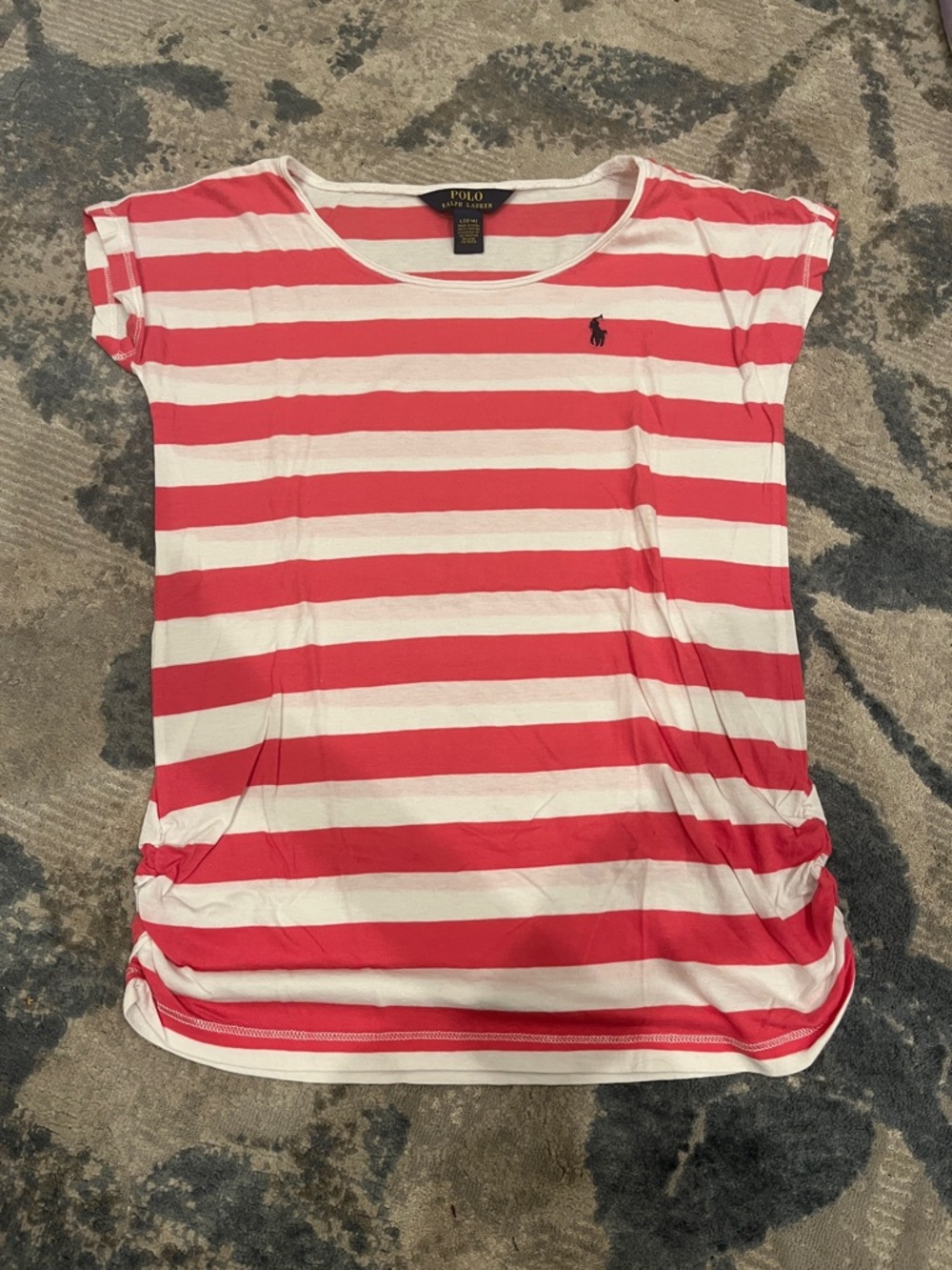 Polo by Ralph Lauren Coral and White Striped Short Sleeve Tee